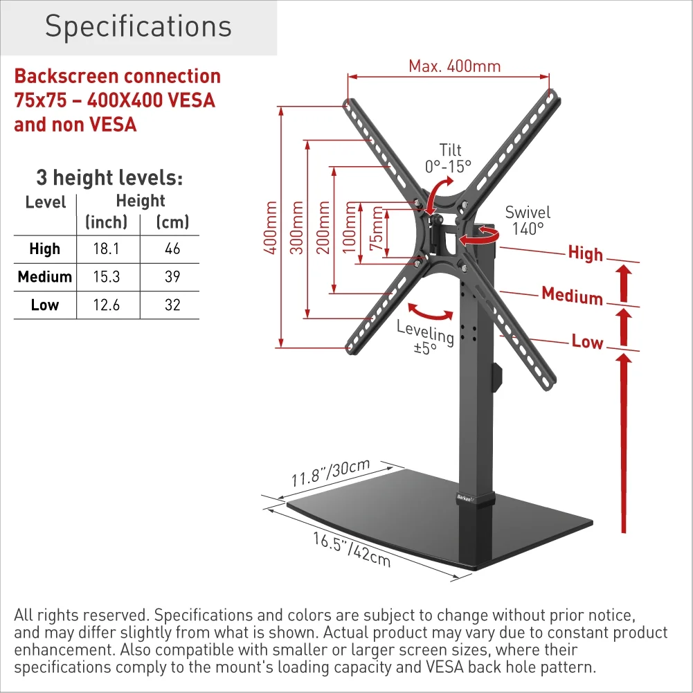 Barkan S320 13"-65" Swivel & Tilt TV Tabletop Stand