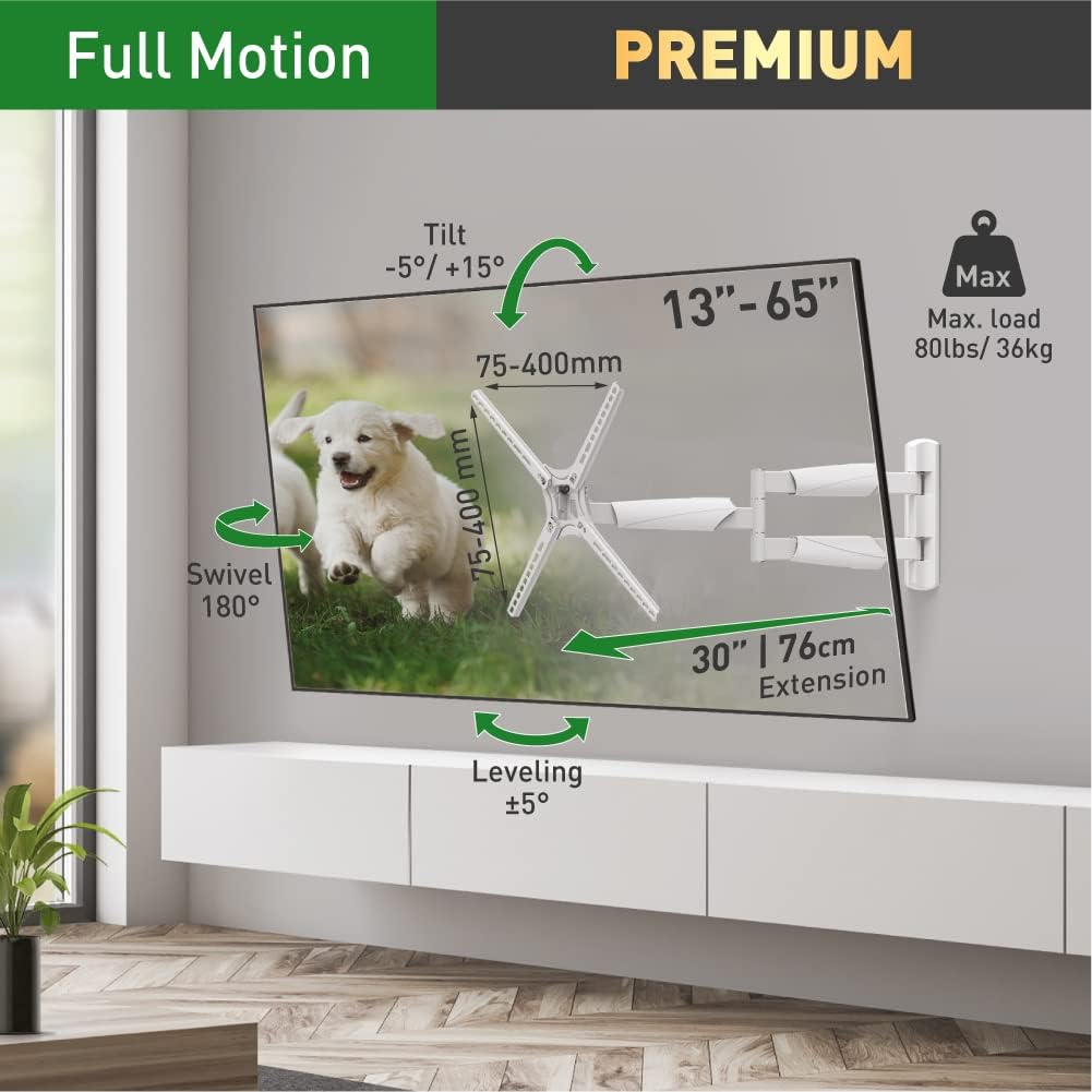 Barkan BM343XLW 13"-65" Full Motion Articulating TV Wall Mount with Xtra Long Arm (White)