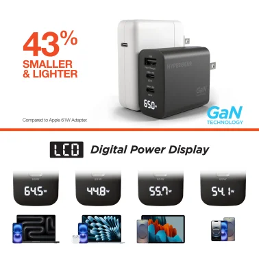 HyperGear® SpeedBoost 65-Watt 3-Port-USB GaN Charger with Display