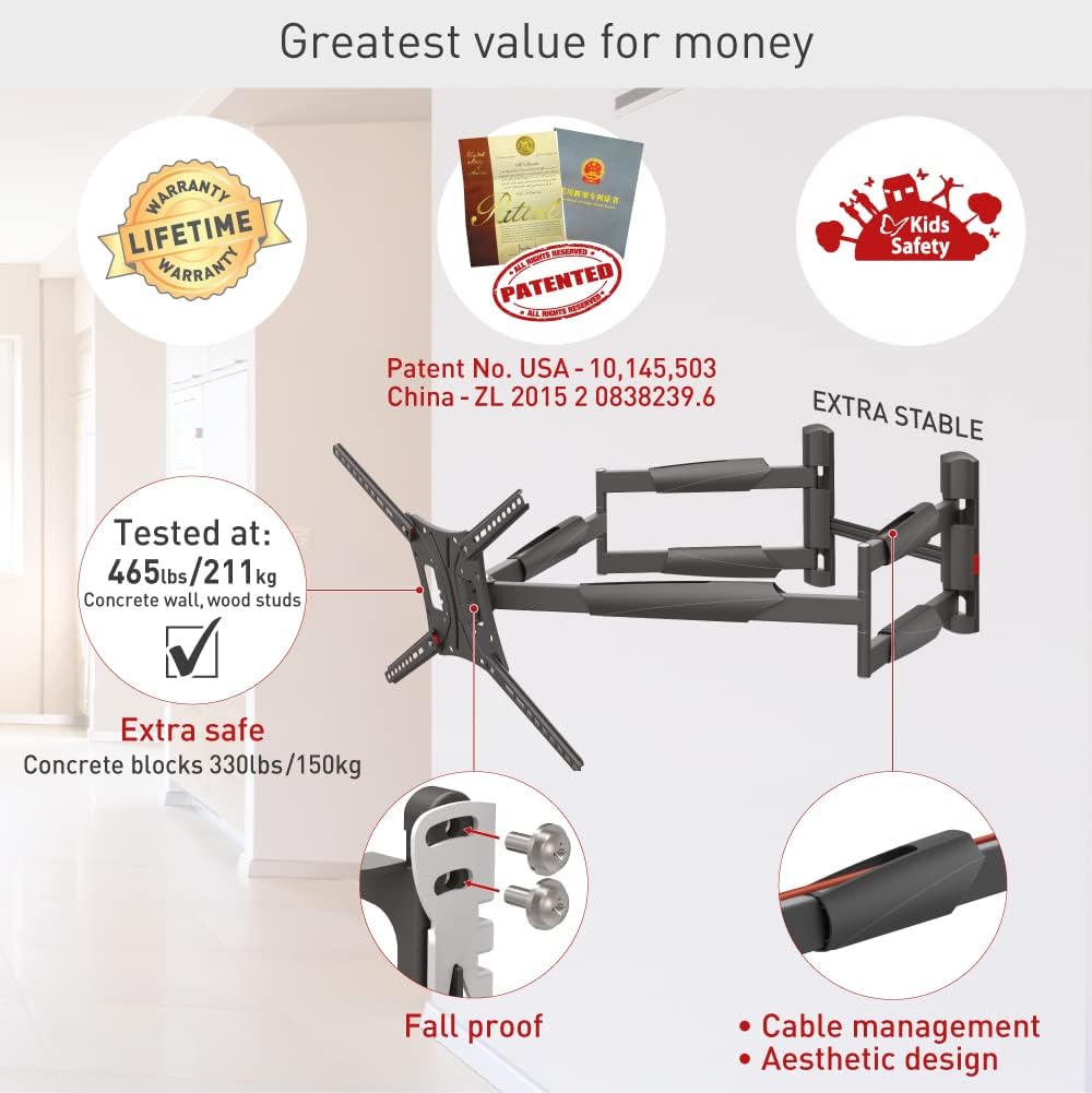 Barkan BM466XP 13"-90" Dual Arm Full Motion Articulating TV Wall Mount with Xtra Long Arm