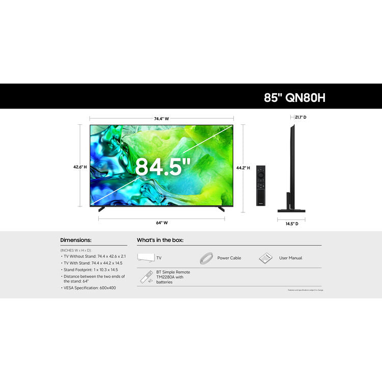 Samsung QN80H Series 85" Micro RGB 4K UHD HDR Smart Quantum Dot Mini-LED TV (2026)