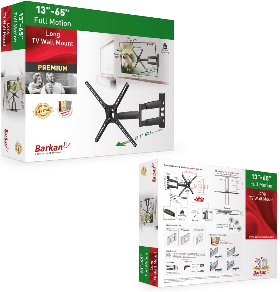 Barkan BM343LP 13"-65" Full Motion Articulating TV Wall Mount with Long Arm