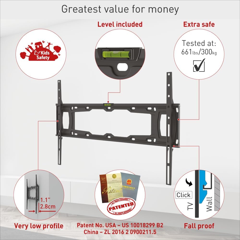 Barkan E400+ 13"-100" Low Profile Auto Locking Fixed TV Wall Mount