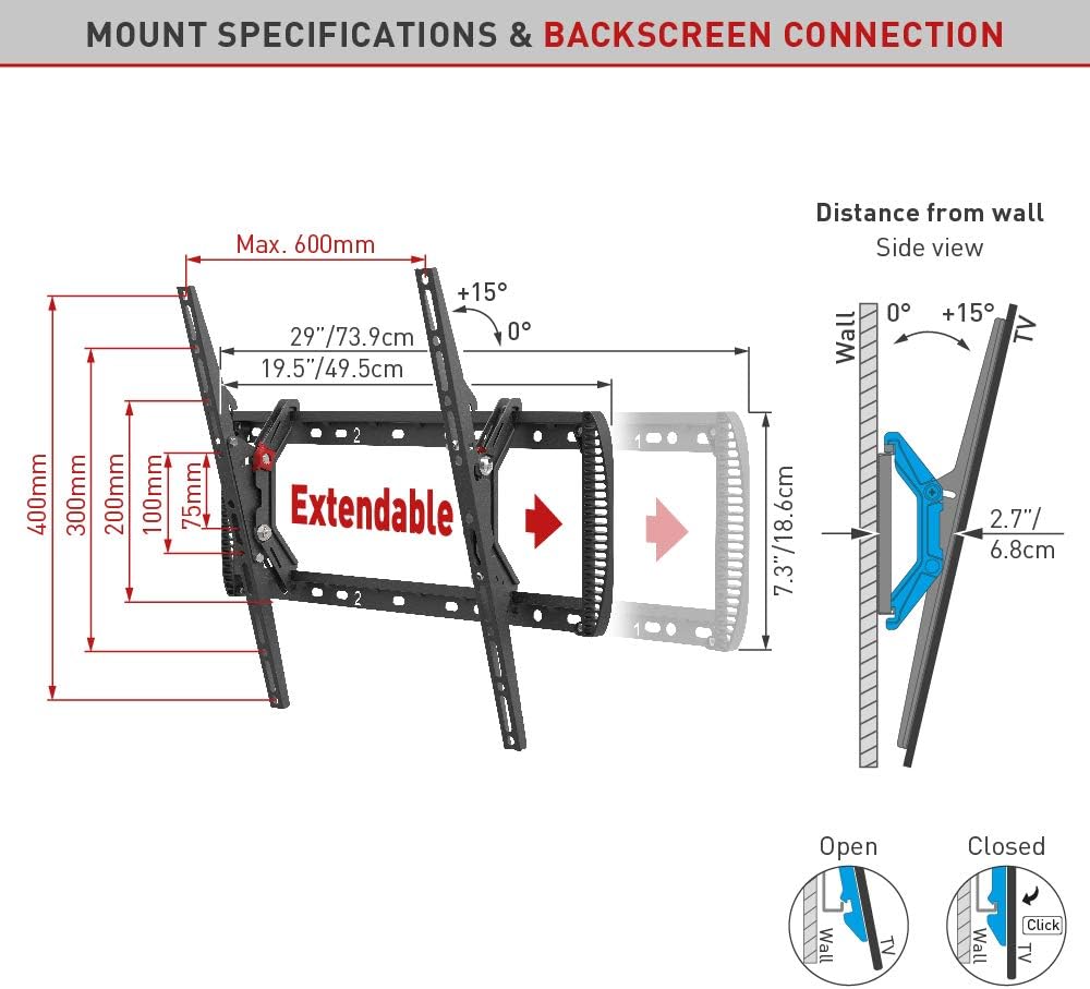 Barkan BM410T 13"-90" Extendable Auto Locking Tilt TV Wall Mount