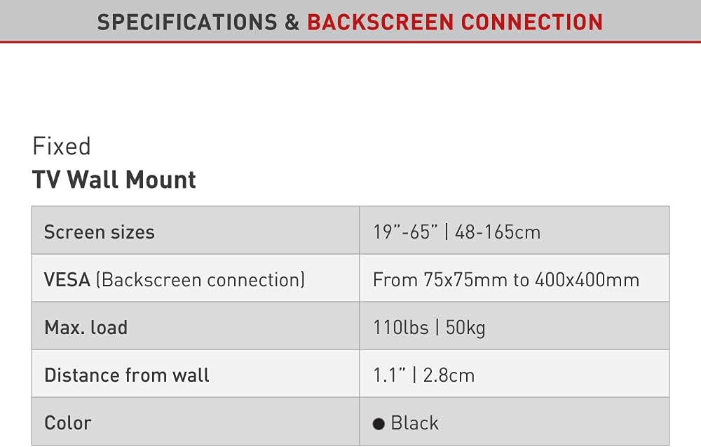 Barkan E302+ 13"-65" Low Profile Auto Locking Fixed TV Wall Mount
