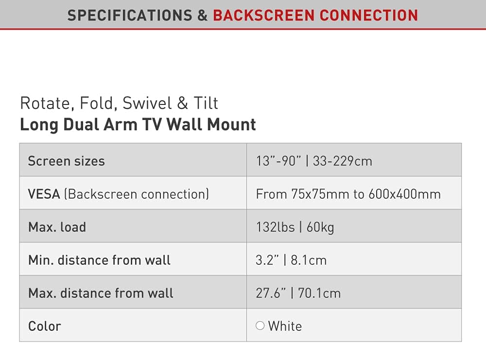 Barkan BM464LW 13"-90" Dual Arm Full Motion Articulating TV Wall Mount with Long Arm (White)