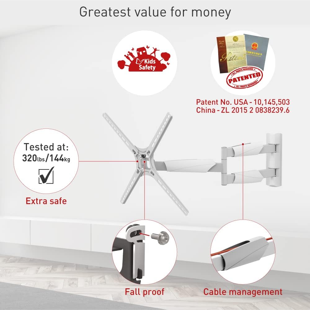Barkan BM343XLW 13"-65" Full Motion Articulating TV Wall Mount with Xtra Long Arm (White)