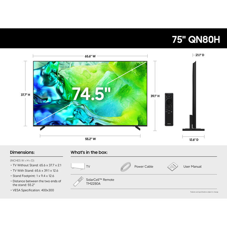 Samsung QN80H Series 75" 4K UHD HDR Smart Neo Quantum Dot Mini-LED TV (2026)