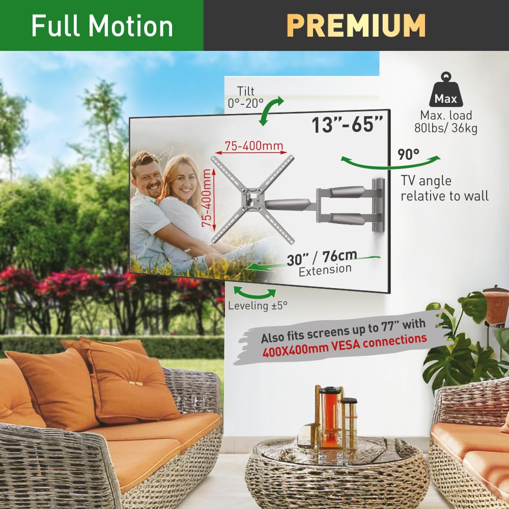 Barkan BM343XLOD 13"-65" Full Motion Articulating Outdoor TV Wall Mount with Xtra Long Arm
