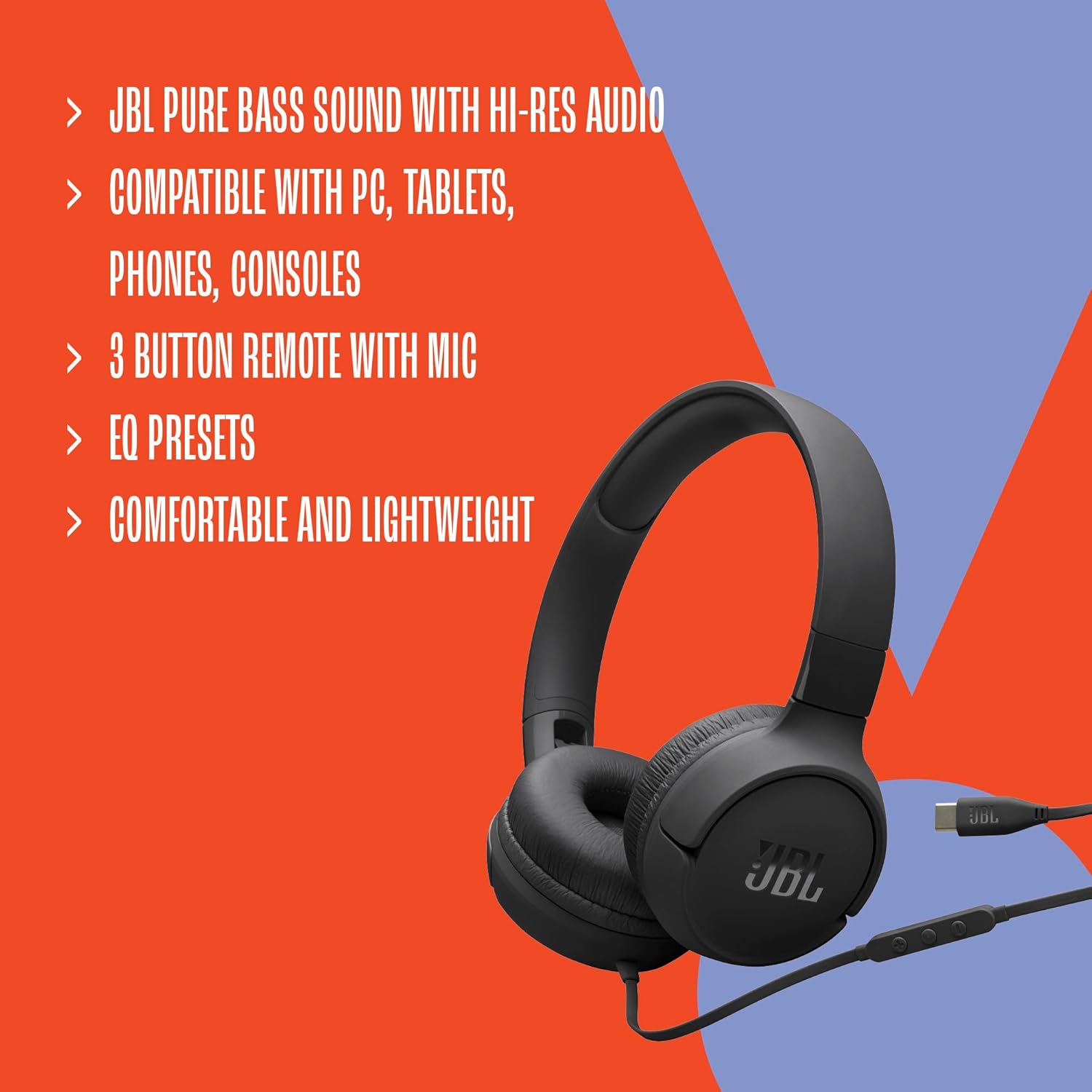 JBL Tune 520C USB-C Wired on-Ear Headphones with Hi-Res Audio Support