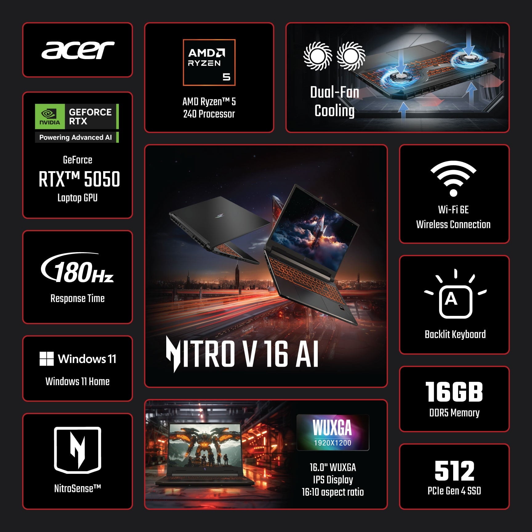 Acer Nitro V 16 AI WUXGA FHD Windows Gaming Laptop (AMD Ryzen 5 240, 16GB Memory, 512GB Storage, RTX 5050 GFX) (Obsidian Black)