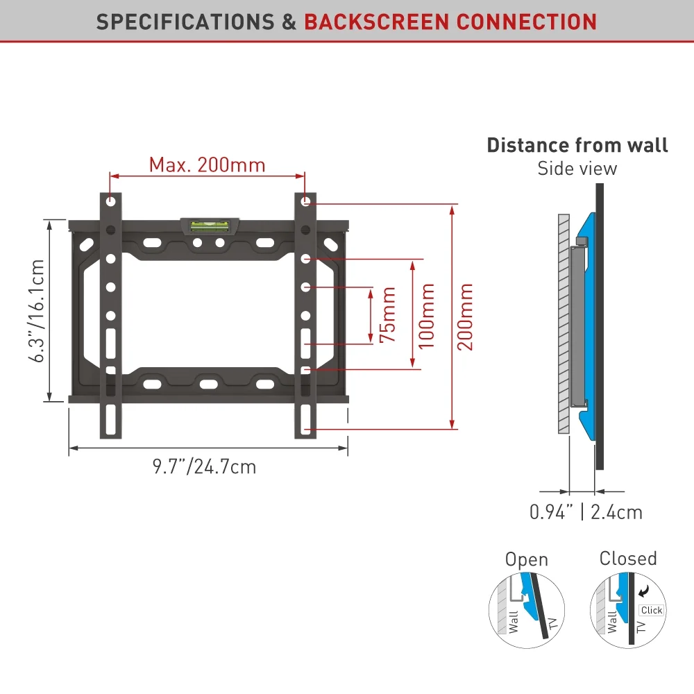 Barkan E202+ 13"-43" Low Profile Auto Locking Fixed TV Wall Mount