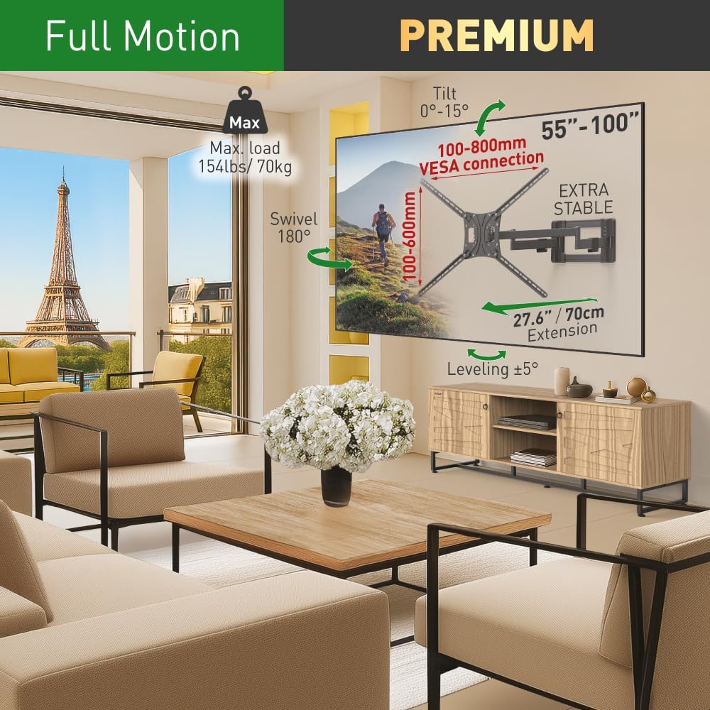 Barkan BM564L 55"-100" Giant Full Motion Articulating TV Wall Mount with Long Arm