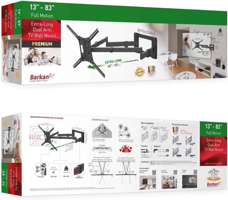 Barkan BM464XL 13"-86" Dual Arm Full Motion Articulating TV Wall Mount with Xtra Long Arm