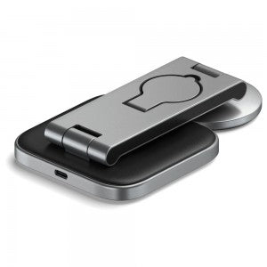 Satechi - 15W Foldable Qi2 Wireless 3 in 1 Charging Stand | Color: Space Gray | Travel Adapters Included: UK Plug & EU Plug