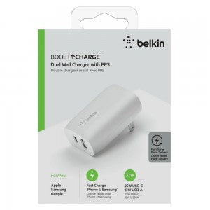 Belkin 37W Fast Charge Dual Wall Charger (USB-A & USB-C) w/ PD & PPS Technology