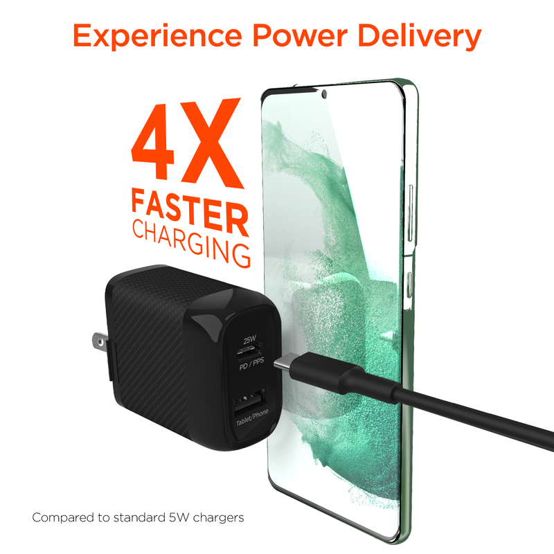 HyperGear SpeedBoost 25W USB-C & 12W USB Wall Kit with 6ft USB-C Cable (Black)