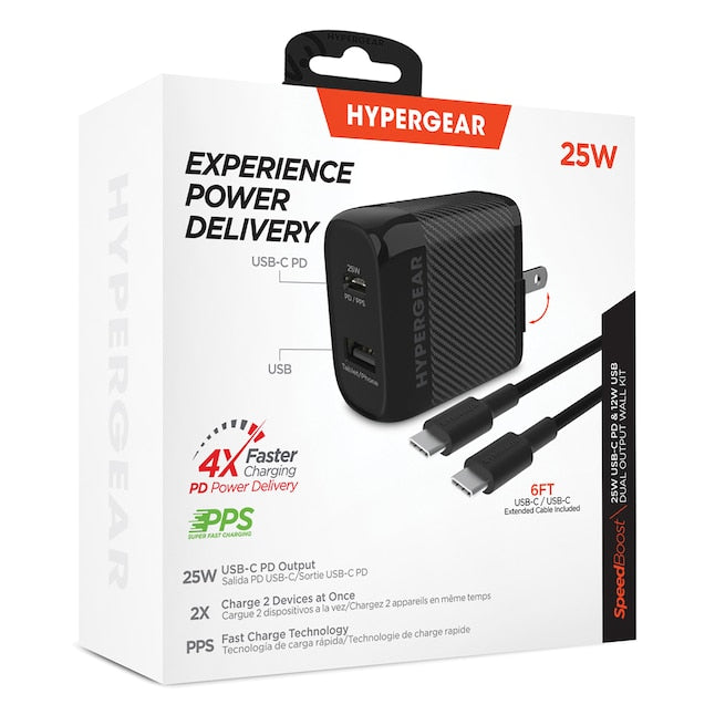 HyperGear SpeedBoost 25W USB-C & 12W USB Wall Kit with 6ft USB-C Cable (Black)