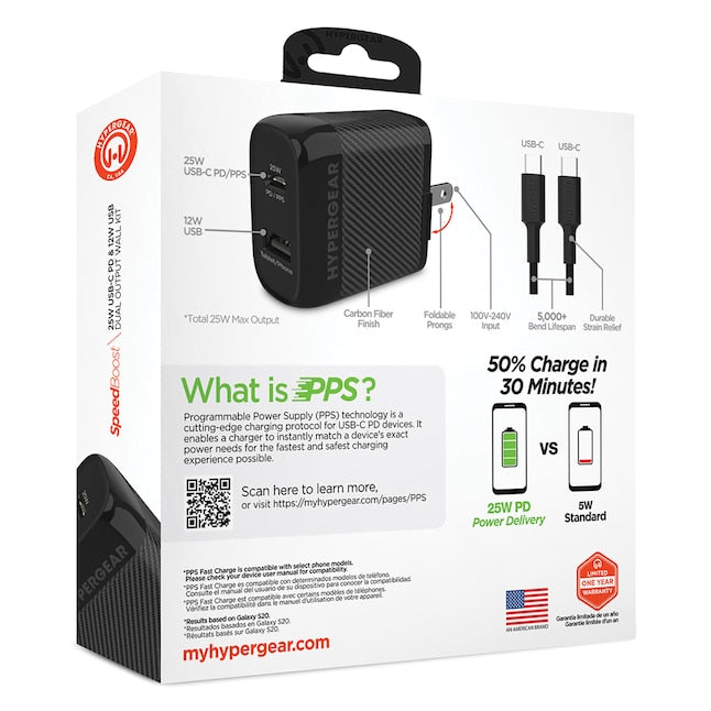 HyperGear SpeedBoost 25W USB-C & 12W USB Wall Kit with 6ft USB-C Cable (Black)