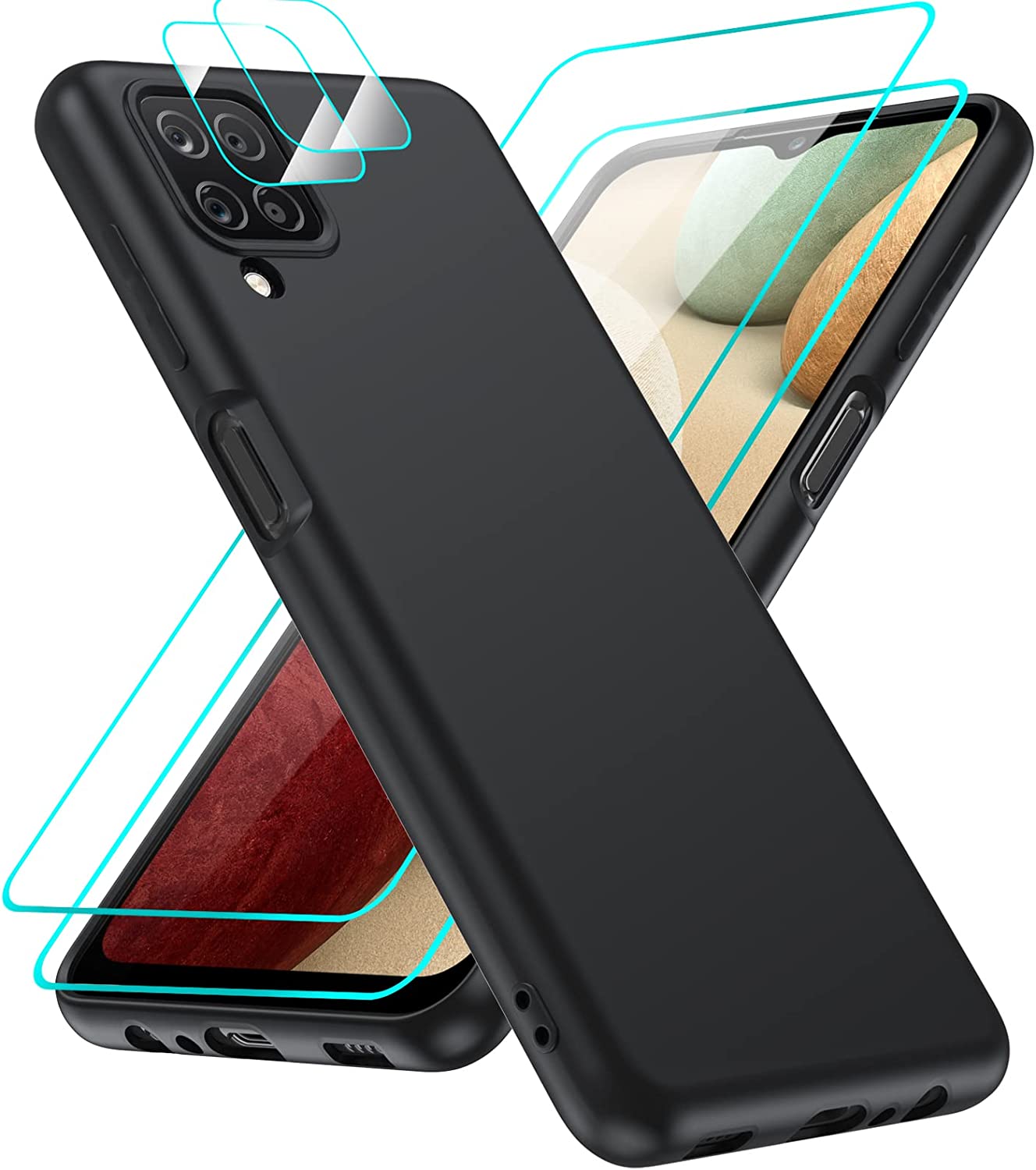 LeYi Samsung A12 Case Case with [2 Pack] Tempered Glass Screen Protector & Camera Lens Protector, Liquid Silicone Slim Silky-Soft Protective Case Black