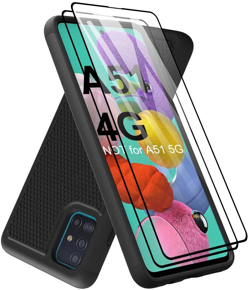 Dahkoiz Samsung Galaxy A51 Case with Tempered Glass Screen Protector, Sturdy Durable Armor Defender Cover Dual Layer Hybrid Protective Case Black