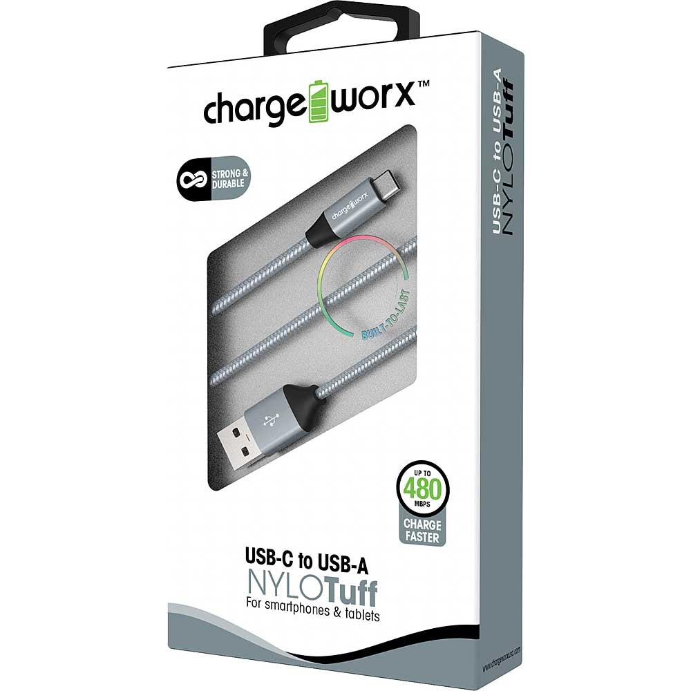 Chargeworx 3ft USB-C to USB-A NYLOTuff Cable (Silver)