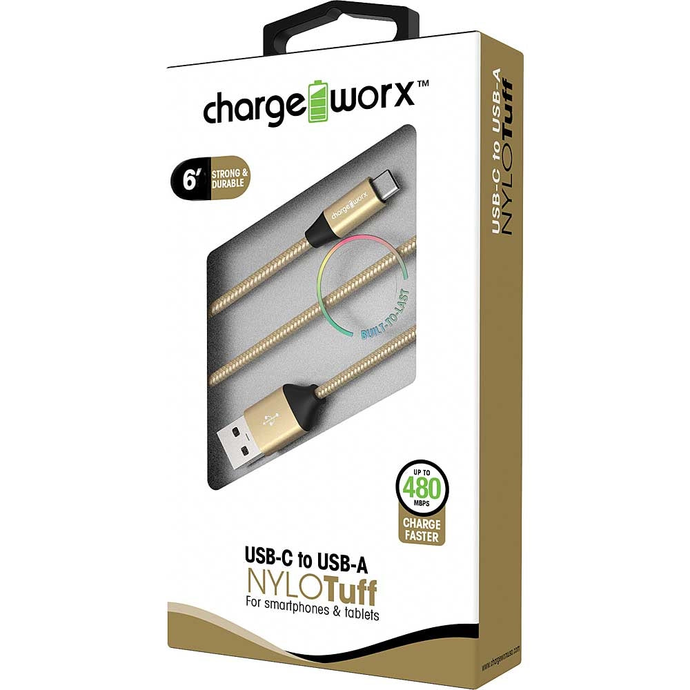 Chargeworx 6ft USB-C to USB-A NYLOTuff Cable (Gold)