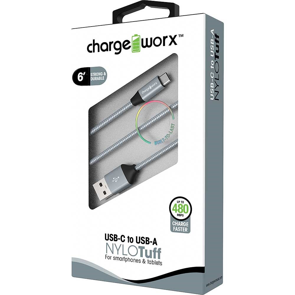 Chargeworx 6ft USB-C to USB-A NYLOTuff Cable (Silver)