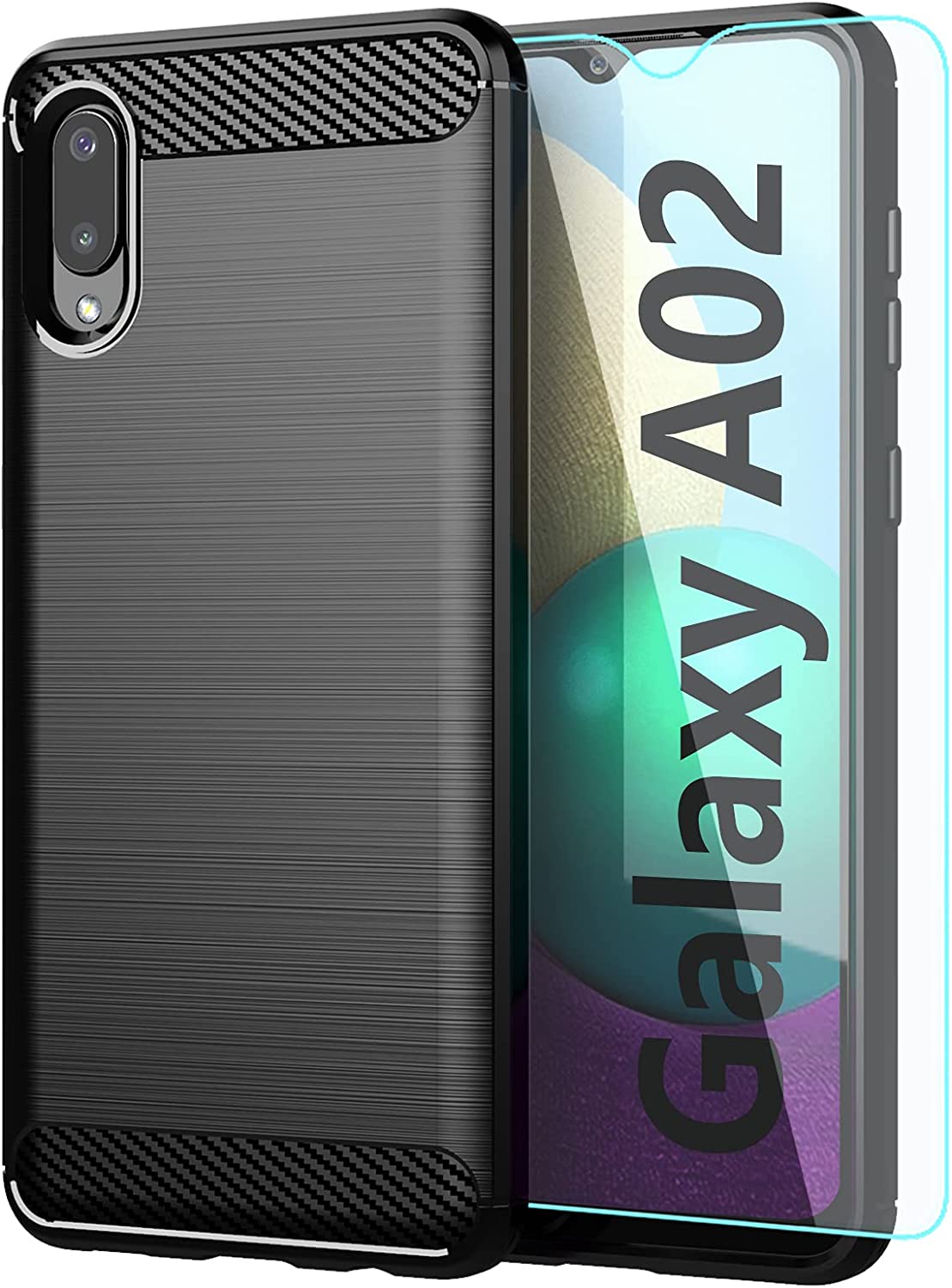 Samsung A02 Case,with HD Screen Protector,Shock-Absorption Flexible TPU Bumper Cove Soft Rubber Protective Case (Black Brushed TPU)