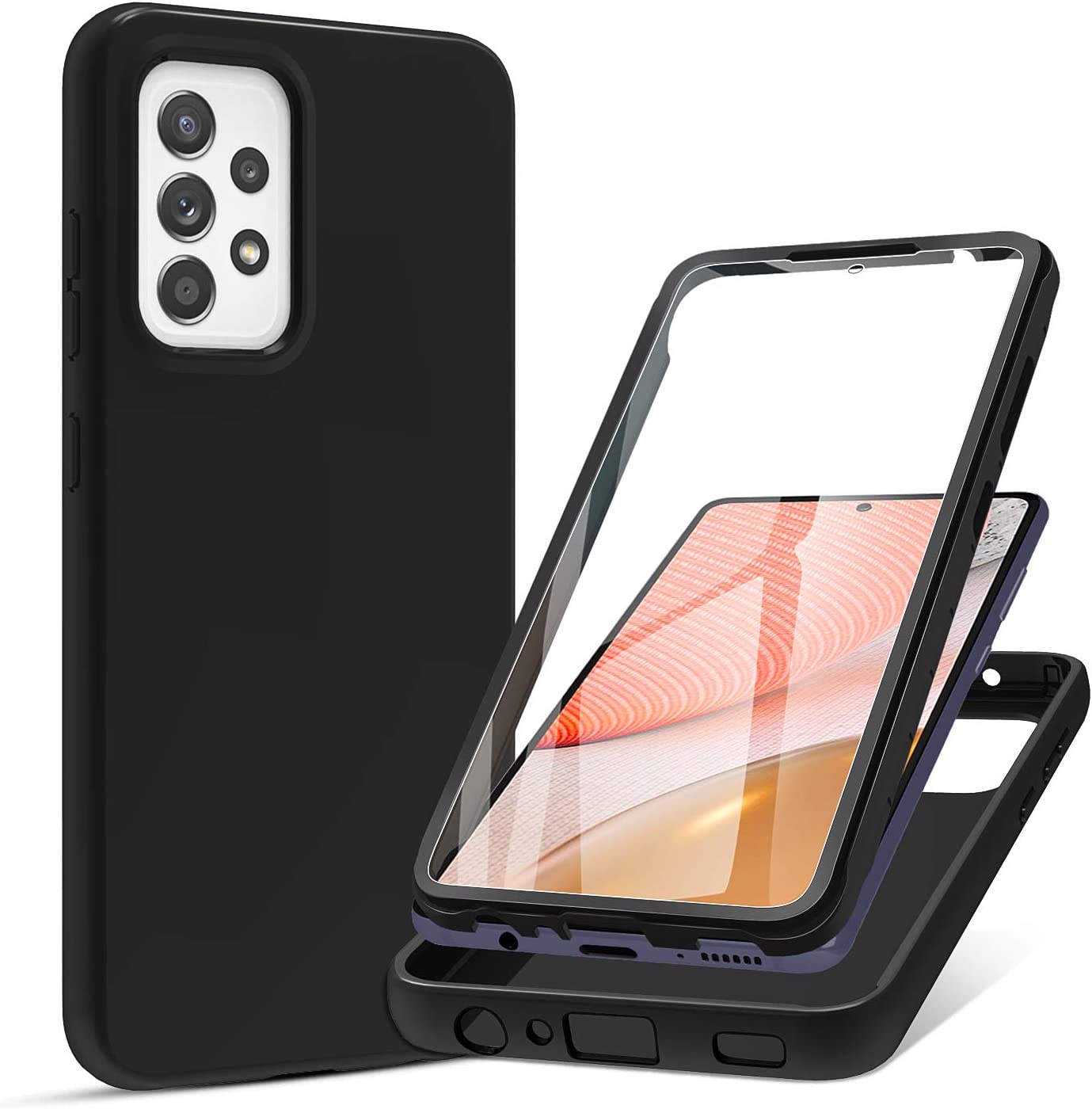PULEN Samsung Galaxy A72 Case with Built-in Screen Protector,Rugged PC Front Cover+Soft Liquid Silicone Non-Slip Back Cover Shockproof Full-Body Protective - Black