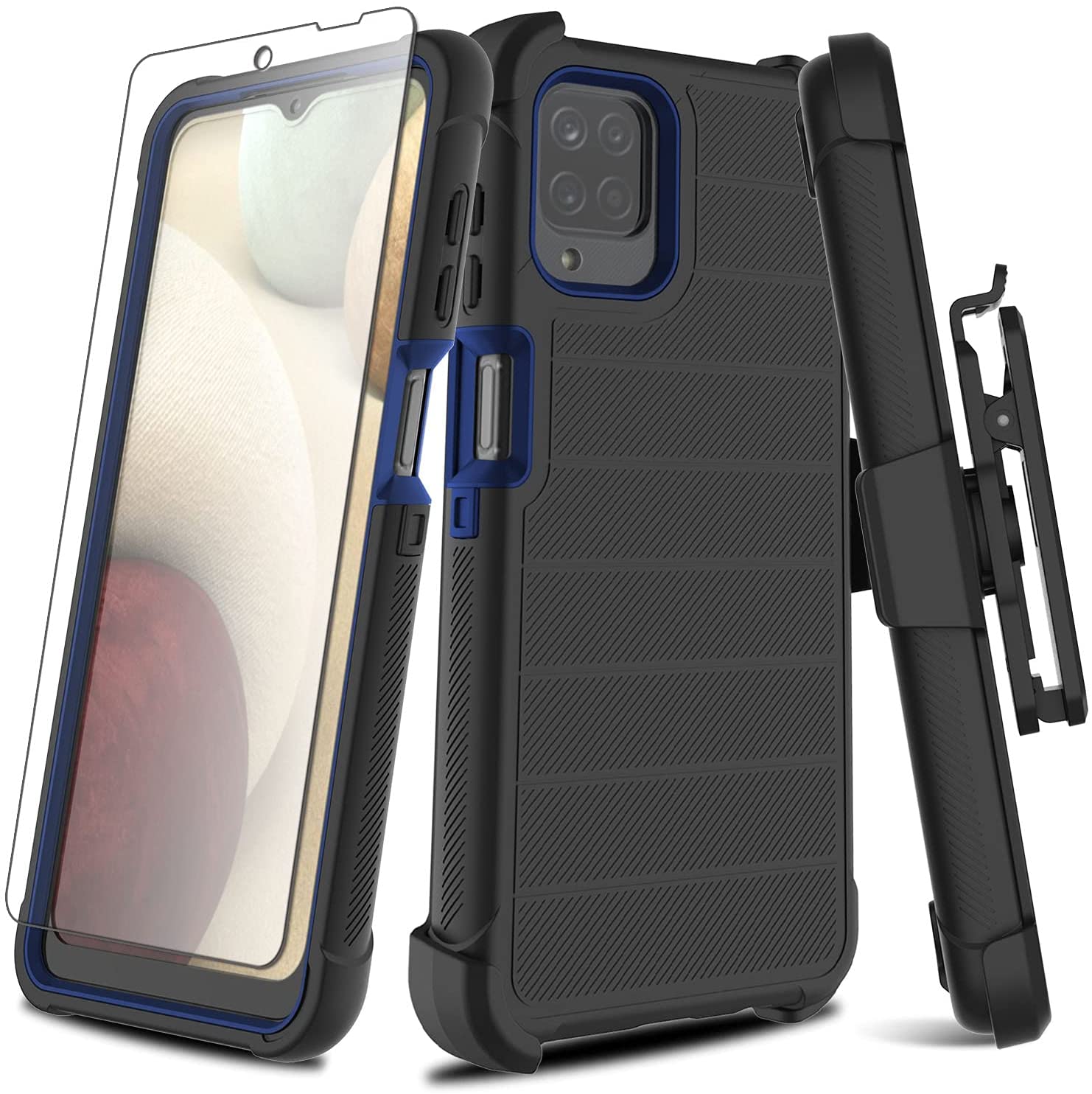 Leptech Samsung Galaxy A12 TPU Screen Protector, Full Body Heavy Duty Protective Phone Cover with Kickstand Belt Clip (Black)