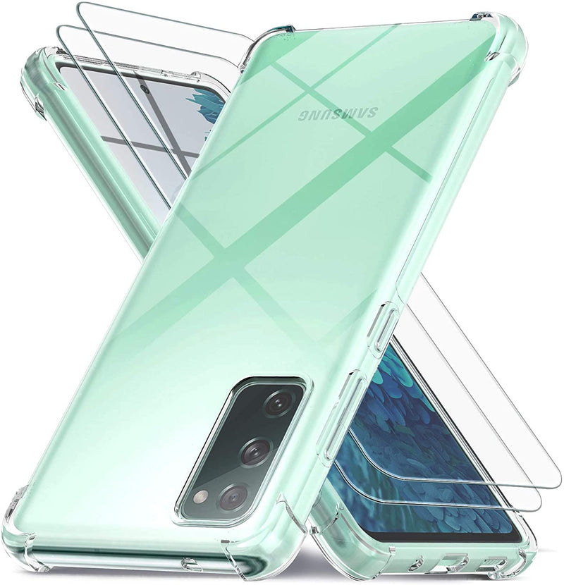 Ferilinso  Samsung Galaxy S20 FE + Screen Protector Tempered Glass [Shockproof Clear Silicone Cover] [Military Grade Protection] [10X Anti-Yellowing] [Full Body Coverage]