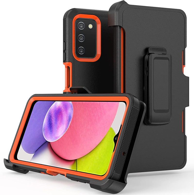 NIRIAHO Samsung A03s (with 2 Screen Protectors) Heavy Duty Non-Slip Shockproof Protective Phone Cover with Belt Clip Holster 6.5-inch (Black+Orange)