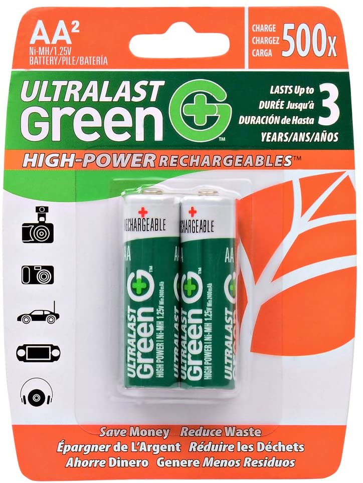 Ultralast Green High-Power Rechargeable AA Batteries (2 pack)