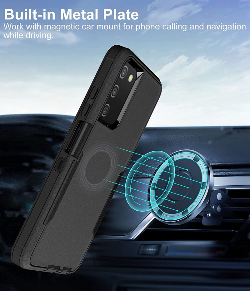 Dahkoiz Samsung Galaxy A03S / A02S Case with Tempered Glass Screen Protector and Dust-Proof Port Cover, Work with Magnetic Car Mount, Full Body Protection Silicone Rubber, Black