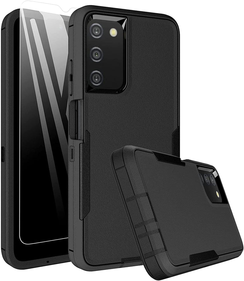 Dahkoiz Samsung Galaxy A03S / A02S Case with Tempered Glass Screen Protector and Dust-Proof Port Cover, Work with Magnetic Car Mount, Full Body Protection Silicone Rubber, Black