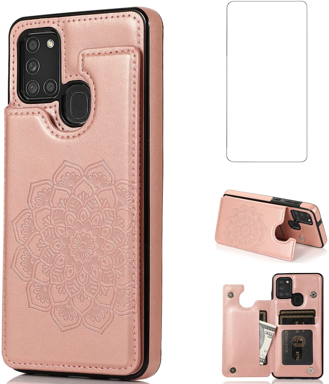Asuwish Samsung Galaxy A21S Case, Tempered Glass Screen Protector Cover Cell Accessories Card Holder Slot Kickstand Flip Phone Cases Rose Gold