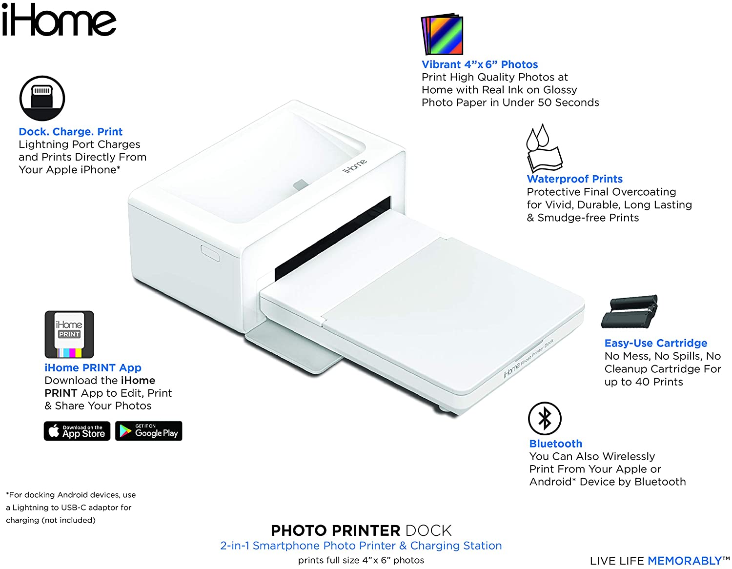 iHome 2-in-1 Photo Printer and Lightning® Dock, 4-Inch x 6-Inch Prints