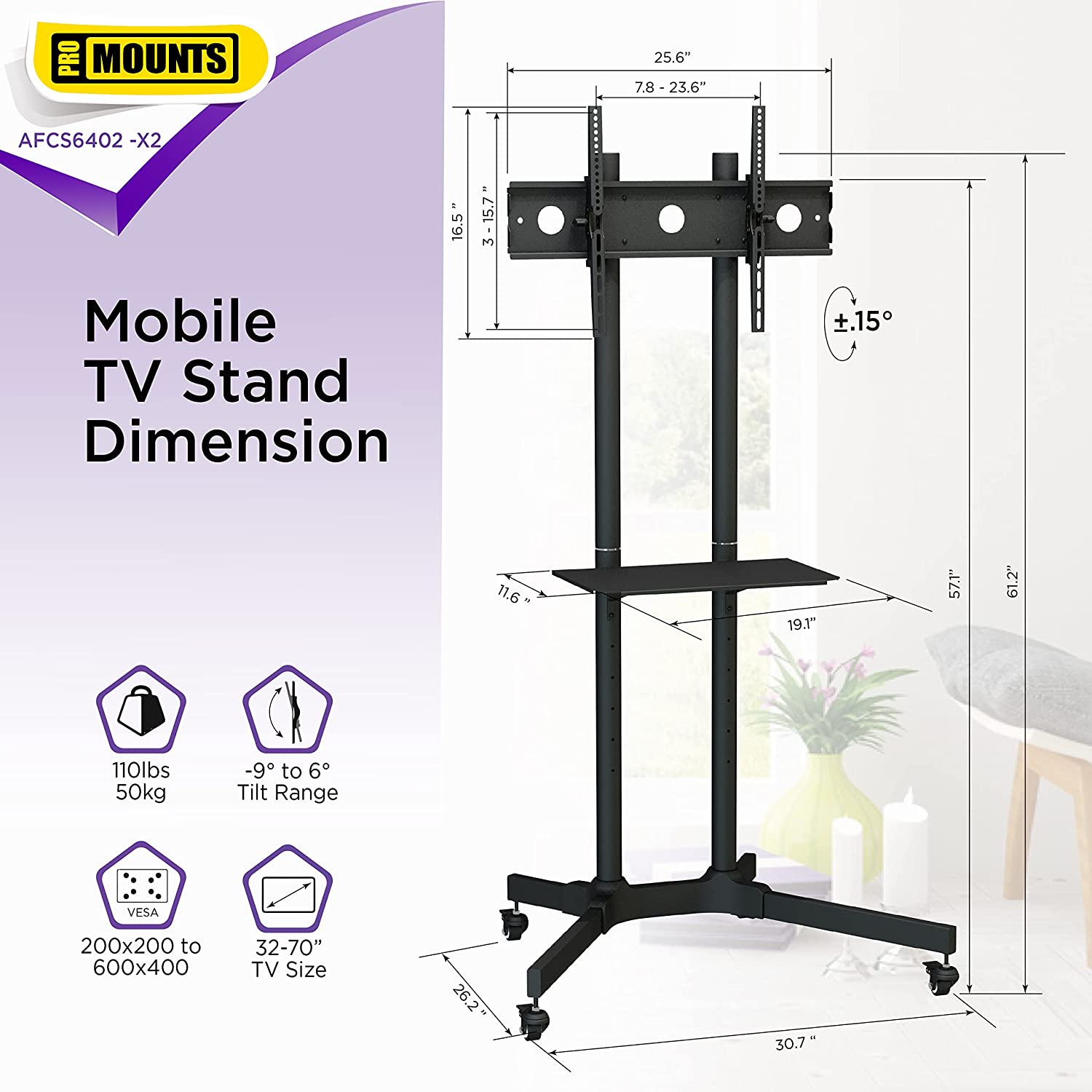 ProMounts AFCS6402-02 Rolling TV Stand with Mount and Adjustable Shelf