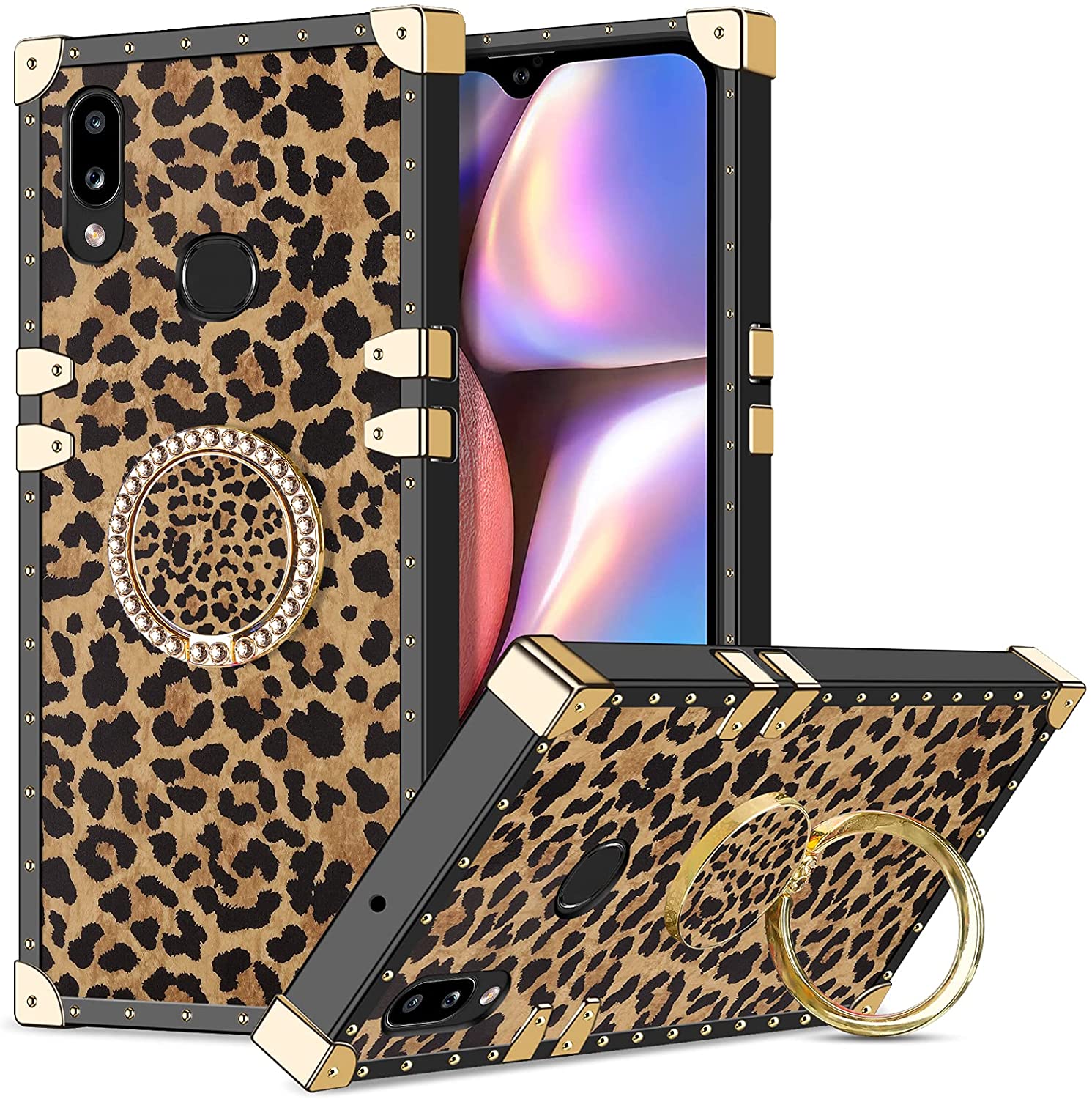 Wollony Galaxy A10S Case with Diamond Kickstand Ring Stand Luxury Design Square Case for Women Soft TPU Shell Metal Decoration Corner Shockproof Protective Cover Leopard