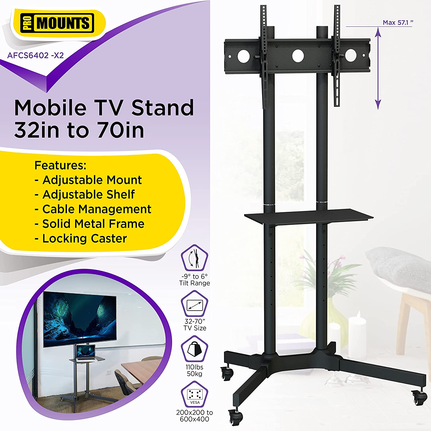 ProMounts AFCS6402-02 Rolling TV Stand with Mount and Adjustable Shelf