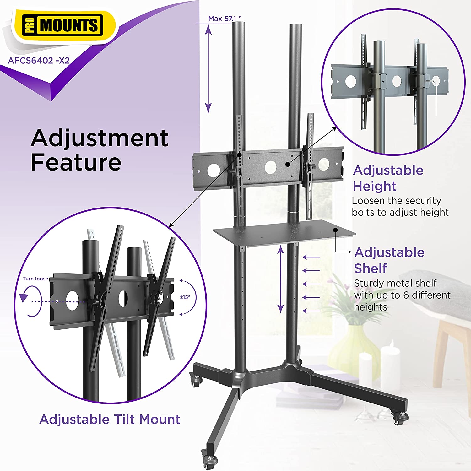 ProMounts AFCS6402-02 Rolling TV Stand with Mount and Adjustable Shelf