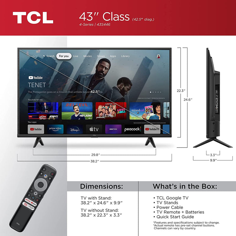 TCL 43" 43S446 UHD HDR Smart Google TV (2022 Model)