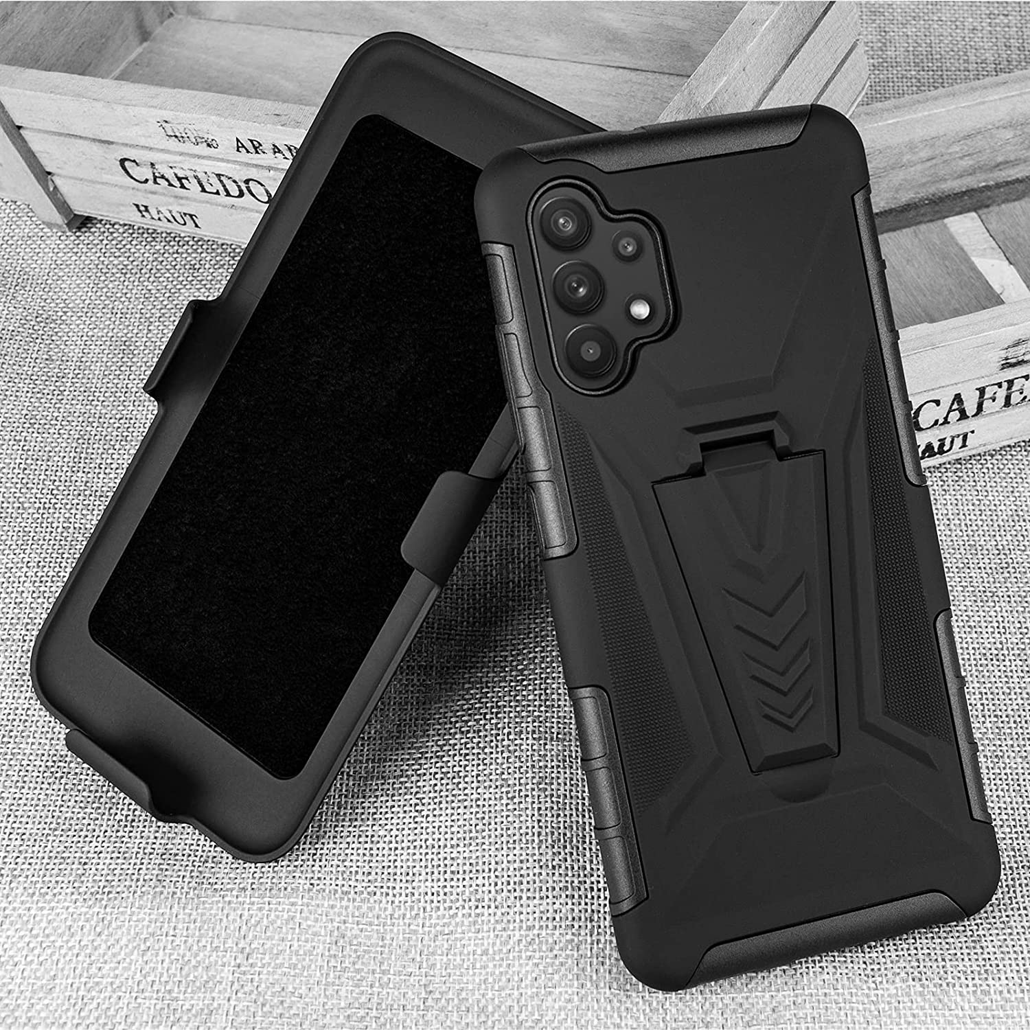 TKMore Samsung Galaxy A32 4G Cell Phone Cover with Kickstand Holder Anti-Knock Holster Black