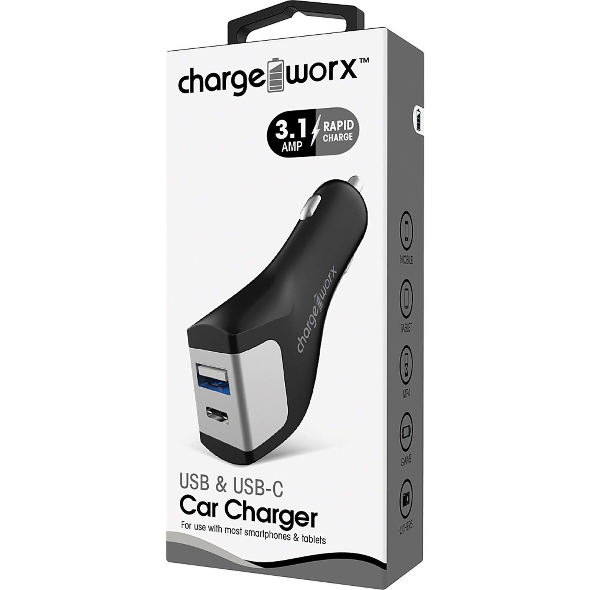 Chargeworx USB + USB-C Metal Car Charger, Black
