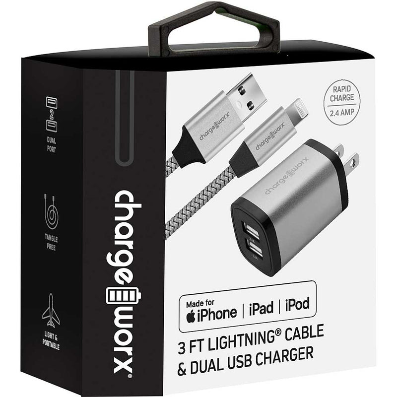 Chargeworx 2.4A Dual USB Charger & 3ft Lightning Cable