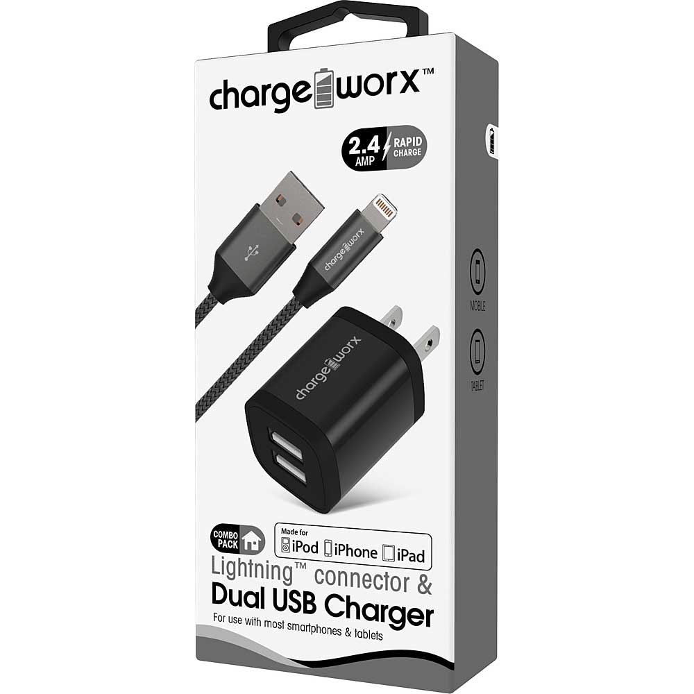 Chargeworx 2.4A Dual USB Metal Wall Charger & 3ft Lightning Cable