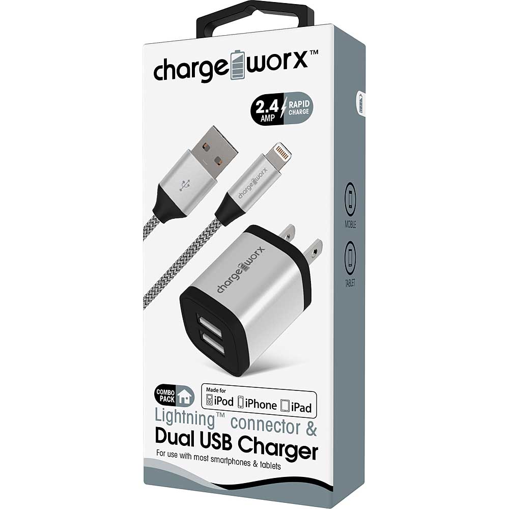 Chargeworx 2.4A Dual USB Metal Wall Charger & 3ft Lightning Cable