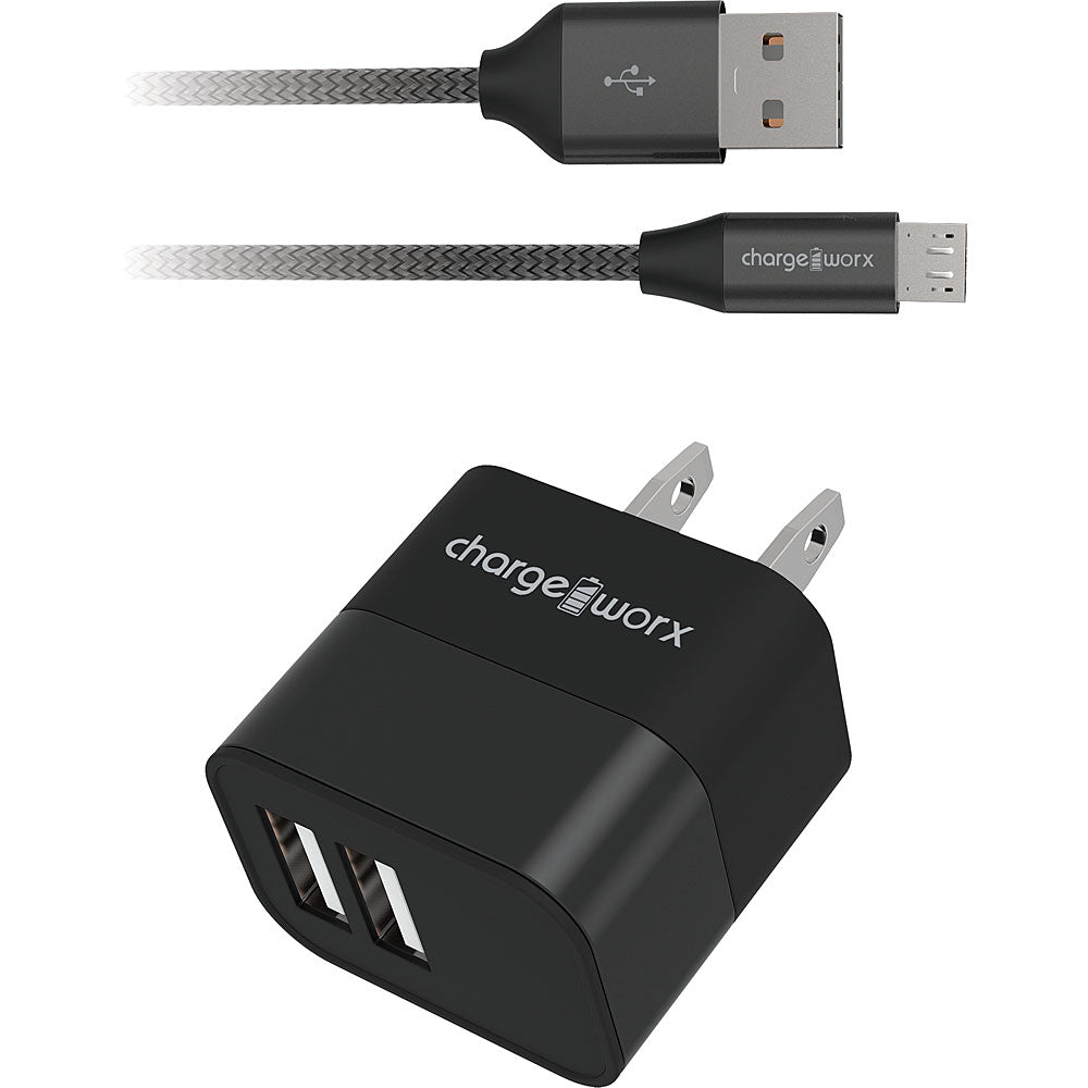 Chargeworx 2.4A Dual USB Metal Wall Charger & 3' Micro USB Cable