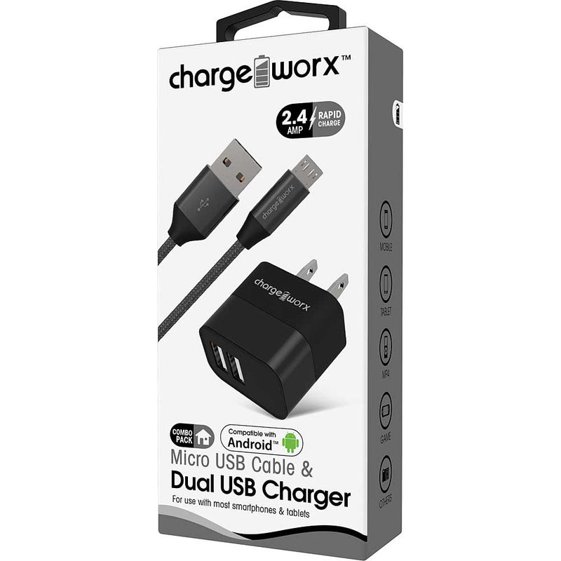 Chargeworx 2.4A Dual USB Metal Wall Charger & 3' Micro USB Cable